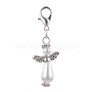 Plastic Imitation Pearl Pendant Decorations, with Alloy Findings, Angel, Antique Silver, 38mm(HJEW-JM01695)