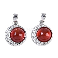 Natural Carnelian(Dyed & Heated) Pendants, Brass Micro Pave Clear Cubic Zirconia Flat Round Charms, Platinum, 15x12.5x6mm, Hole: 4.5x2.5mm(KK-U043-53P-01)