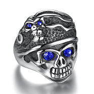 Rhinestone Skull Finger Ring, Antique Silver Plated 316L Surgical Steel Gothic Punk Jewelry for Men Women, Sapphire, US Size 8(18.1mm)(SKUL-PW0002-037B-AS)