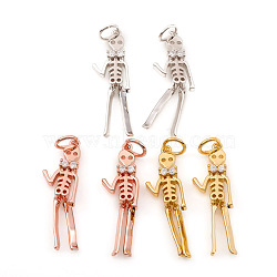 Halloween Brass Micro Pave Cubic Zirconia Pendants, with Jump Ring, Skeleton Man, Clear, Mixed Color, 24x7.5x3mm, Hole: 3.5mm(ZIRC-G169-09)