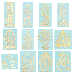 12Pcs 12 Styles Buddhist Theme Alloy Stickers, Metal Stickers for Mobile Phone Decoration, Golden, Buddha, Mixed Patterns, 50~83x35~53x0.2mm, 1pc/style(DIY-OC0010-21)