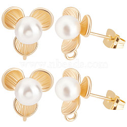 Beebeecraft 16Pcs Brass Flower Stud Earring Findings, with ABS Plastic Imitation Pearl Beaded & Vertical Loops & 16Pcs Friction Ear Nuts, Real 18K Gold Plated, 11x11.5mm, Hole: 1mm, Pin: 0.7mm(KK-BBC0007-07)