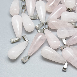 Natural Rose Quartz Pendants, with Stainless Steel Snap On Bails, Teardrop, 28~30x10~12mm, Hole: 6x4mm(X-G-T081-21)