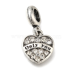 Rack Plating Alloy Crystal Rhinestone European Dangle Charms, Only You Heart Large Hole Pendants with Black Enamel, Antique Silver, 24.5mm, Hole: 4.5mm, Heart: 14x12.5x3mm(PALLOY-A009-17AS)