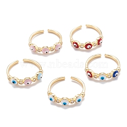 Brass Micro Pave Clear Cubic Zirconia Cuff Rings, Open Rings, with Enamel, Evil Eye, Golden, Mixed Color, US Size 7 1/4(17.5mm)(RJEW-I077-08G)