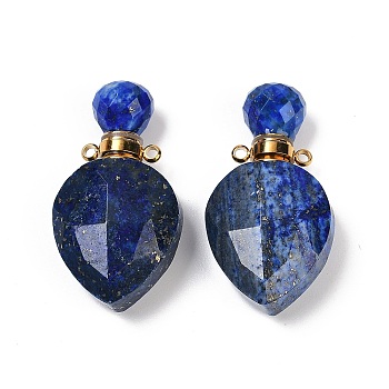 Natural Lapis Lazuli Faceted Teardrop Bottle Pendants, Openable Perfume Bottle Charms, with Golden Tone 304 Stainless Steel Findings, 36.5x19x11mm, Hole: 1.8mm