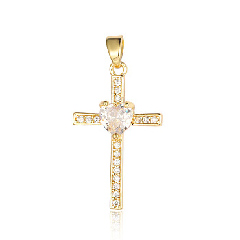 Brass Micro Pave Clear Cubic Zirconia Pendants, Cross with Heart Charms, Real 18K Gold Plated, 27x16x4.9mm