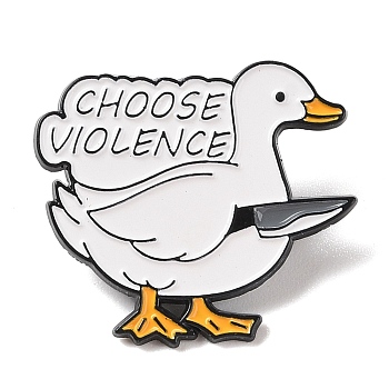 Black Alloy Brooches, Cartoon Goose CERTIFIED SILLY GOOSE Enamel Pins, White, 26x30x1mm