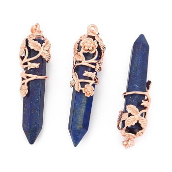 Natural Lapis Lazuli Pointed Pendants, with Brass Findings, Bullet, Rose Gold, 57~60x16mm, Hole: 8x5mm