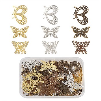 Iron Filigree Joiners Links, with Brass Filigree Findings, Butterfly, Golden & Antique Bronze & Platinum, 118x72x35mm, 90pcs/box