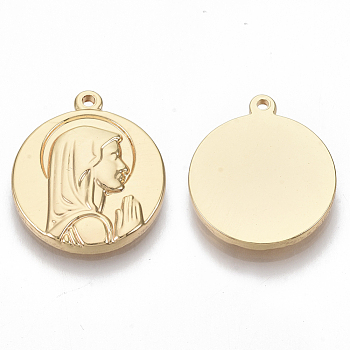 304 Stainless Steel Pendants, Flat Round with Praying Virgin Mary, Real 18K Gold Plated, 21x18.5x2.8mm, Hole: 1.2mm