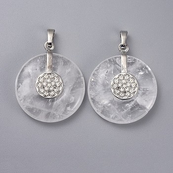 Natural Quartz Crystal Pendants, Rock Crystal Pendants, with Platinum Tone Brass Findings, Donut/Pi Disc with Flower, 35.5x30x8.5~9.5mm, Hole: 4.5x6.5mm