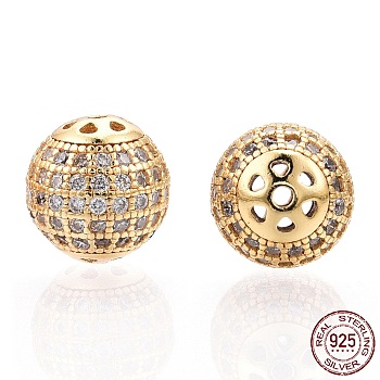 925 Sterling Silver Micro Pave Cubic Zirconia Beads, Round, Nickel Free, Real 18K Gold Plated, 8mm, Hole: 1mm