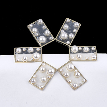 Epoxy Resin Pendants, with ABS Plastic Imitation Pearl and Brass Findings, Rectangle, Light Gold, 30x18x8mm, Hole: 1.6mm
