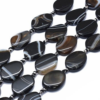 Natural Banded Agate/Striped Agate Beads Strands, Dyed & Heated, Twist, Black, 23~27x18~21x5~7mm, Hole: 2~2.5mm, about 13pcs/strand, 16.1 inch~16.5 inch(41~42cm)