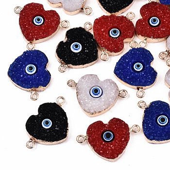 Resin Druzy Links Connectors, with Edge Light Gold Plated Iron Findings, Heart with Eye, Mixed Color, 19x28.5x6mm, Hole: 2mm