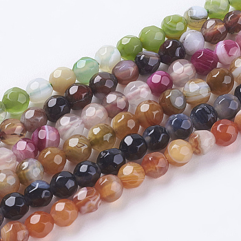 Faceted Round Dyed Natural Striped Agate/Banded Agate Beads Strands, Mixed Color, 4mm, Hole: 0.5mm, about 91~93pcs/strand, 15 inch