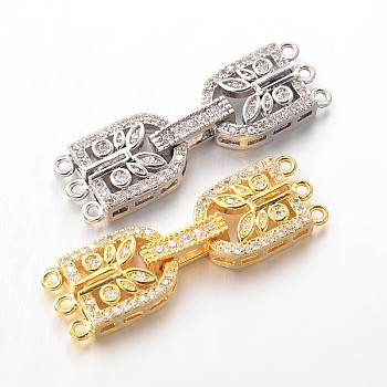 Brass Micro Pave Cubic Zirconia Fold Over Clasps, Lead Free & Nickel Free, Mixed Color, 34x10x4mm, Hole: 1mm