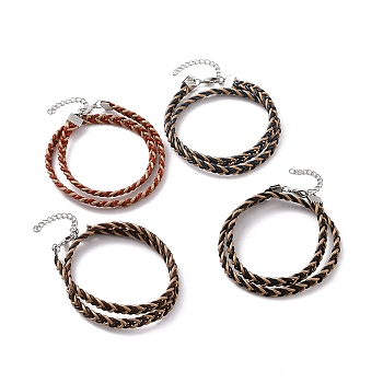 Cowhide Leather Braided Twist Rope Two Loops Wrap Bracelet with Brass Clasps for Women, Mixed Color, 14-1/2 inch(36.7cm)