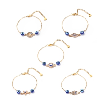 Crystal Rhinestone & Resin Evil Eye Link Slider Bracelet, Gold Plated Brass Jewelry for Women, Blue, Mixed Patterns, 7-1/8~7-1/4 inch(18~18.5cm)