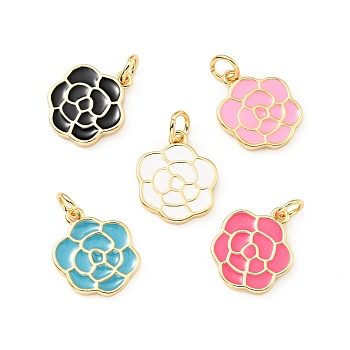 Brass Enamel Pendants, with Jump Rings, Cadmium Free & Lead Free, Flower, Real 18K Gold Plated, Mixed Color, 18.5mm, Hole: 3.5mm
