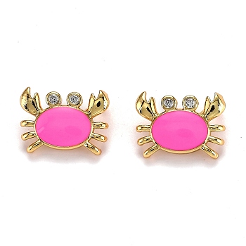 Real 18K Gold Plated Brass Micro Pave Clear Cubic Zirconia Charms, with Enamel, Long-Lasting Plated, Crab, Hot Pink, 11x15x6mm, Hole: 3x5mm