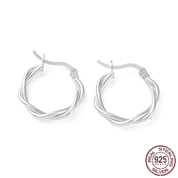 Rhodium Plated 925 Sterling Silver Hoop Earrings, Twist Wire, with S925 Stamp, Real Platinum Plated, 21x3x19.5mm