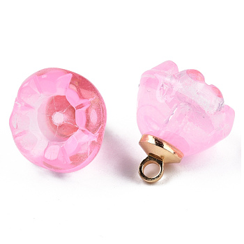 Transparent Spray Painted Glass Charms, with Light Gold Plated Brass Findings, Flower, Pearl Pink, 14x13x13mm, Hole: 2mm