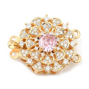 Brass Micro Pave Clear Cubic Zirconia Box Clasps, 2-Strand, 4-Hole, with Pink Glass Rhinestone, Flower, 19.5x24.5x9mm, Hole: 1.5mm