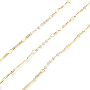 Brass Heart & Plastic Pearled Link Chains, Unwelded, Spool, Real 18K Gold Plated, 2x1.2x0.4mm, 2x4x0.1mm, 18.5x2mm