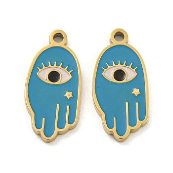 316 Surgical Stainless Steel Enamel Pendants, Palm with Eye Charm, Golden, Steel Blue, 17x8x1.5mm, Hole: 1.2mm