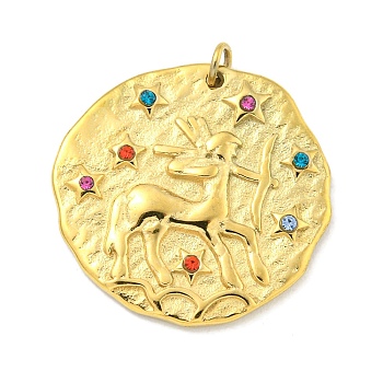 Real 18K Gold Plated PVD Vacuum Plating 304 Stainless Steel Pendants, with Rhinestone and Jump Ring, Flat Round with Constellations Charms, Sagittarius, 20~21.8x20~21x2~3mm, Hole: 2mm