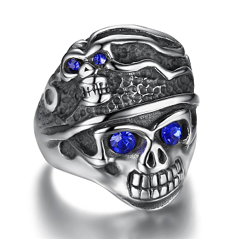Rhinestone Skull Finger Ring, Antique Silver Plated 316L Surgical Steel Gothic Punk Jewelry for Men Women, Sapphire, US Size 8(18.1mm)