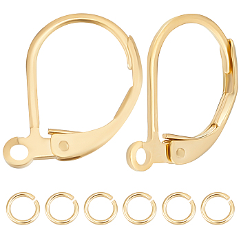 50Pcs Brass Leverback Earring Findings, with Horizontal Loops & 50Pcs Jump Rings, Real 24K Gold Plated, 15.6x10x2mm, Hole: 1.4mm, Pin: 0.8mm