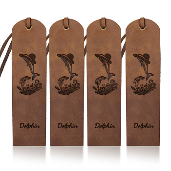 Cowhide Leather Labels, Handmade Embossed Tag, with Holes, for DIY Jeans, Bags, Shoes, Hat Accessories, Dolphin, 180x50x1.2mm