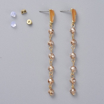 Electroplate Glass Dangle Stud Earrings, with Golden Plated Brass Eye Pin, Alloy Resin Stud Earring Findings, Brass & Plastic Ear Nuts, Orange, 83mm, Pin: 0.8mm