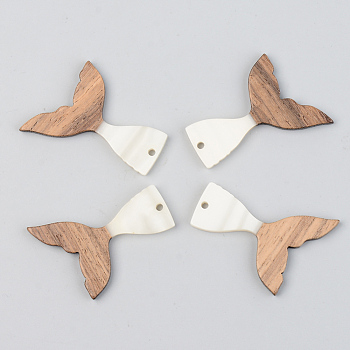 Opaque Resin & Walnut Wood Pendants, Mermaid Fishtail Shape, Floral White, 39x28x3mm, Hole: 2mm