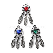 Rack Plating Alloy Rhinestone Pendants, Lead Free & Cadmium Free & Nickel Free, Woven Net/Web with Feather, Heart, Mixed Color, Gunmetal, 34x13x4mm, Hole: 2mm(PALLOY-F311-19B)