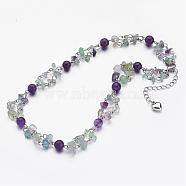 Natural Amethyst & Fluorite Beaded Tiered Necklaces, Layered Necklaces, with 304 Stainless Steel Lobster Claw Clasps, Colorful, 16.9 inch(NJEW-JN01707)