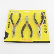 Iron Jewelry Tool Sets: Round Nose Plier, Side Cutting Plier and Long Chain Nose Plier, with Plastic Covers, Black, 190x170x14mm, 3pcs/set(PT-R004-01)