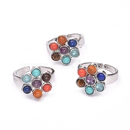 Chakra Jewelry, Natural & Synthetic Mixed Stone Cuff Finger Rings, with Glass and Brass Findings, Flower, Size 8, 18mm(RJEW-E166-03)