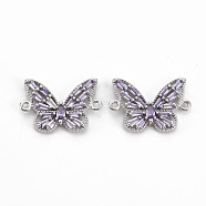 Brass Cubic Zirconia Links Connectors, Nickel Free, Butterfly, Lilac, Platinum, 13x18x2.5mm, Hole: 1mm(KK-N233-117P-NF)