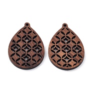 Walnut Wood Laser Cut Pendants, Hollow Charms, Undyed, Teardrop, 37x25.5x2.3mm, Hole: 1.6mm(X-WOOD-Q051-04J)