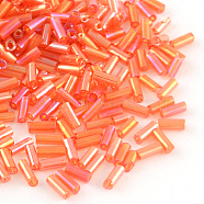 AB Color Plated Glass Bugle Beads, Transparent Colours Rainbow, Orange Red, 4~4.5x2mm, Hole: 1mm, about 450g/bag, 14000pcs/bag(SEED-R011-165)