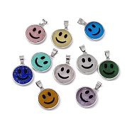 Natural & Synthetic Mixed Gemstone Pendants, Flat Round with Smiling Face Charms, with Rack Plating Platinum Tone Brass Findings, Cadmium Free & Lead Free, Mixed Dyed and Undyed, 21x18.5x3mm, Hole: 4x6mm(G-G977-06P)