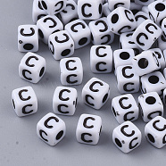 White Opaque Acrylic Beads, Horizontal Hole, Cube with Black Alphabet, Letter.C, 4~5x4~5x4~5mm, Hole: 1.8mm, about 6470~6500pcs/500g(MACR-R869-02C)