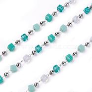 3.28 Feet Handmade Glass Beaded Chains, Soldered, with Brass Findings, Long-Lasting Plated, Real Platinum Plated, Cube, Dark Cyan, 2.3~2.8x2.3~2.8x2.3~2.8, 2mm(X-CHC-F008-A14-P)