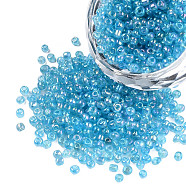 Round Glass Seed Beads, Transparent Colours Rainbow, Round, Deep Sky Blue, 2mm(SEED-A007-2mm-163)