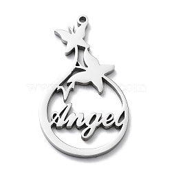 304 Stainless Steel Pendants, Butterfly with Word Angel Charm, Stainless Steel Color, 30x17x1.4mm, Hole: 1.2mm(STAS-D036-15P)