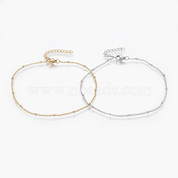 304 Stainless Steel Anklets, with Lobster Claw Clasps, Round Beads and Cable Chains, Mixed Color, 220mm, 1.4mm(AJEW-H013-03)